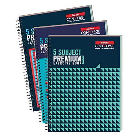 Luxor 5 Subject Spiral Premium Exercise Notebook, Single Ruled - 250 pages - pack of 3