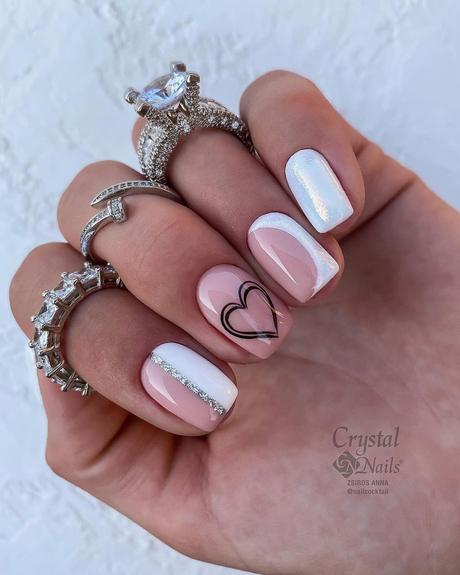 simple wedding nails nude white with heart shaped paint nailcocktail