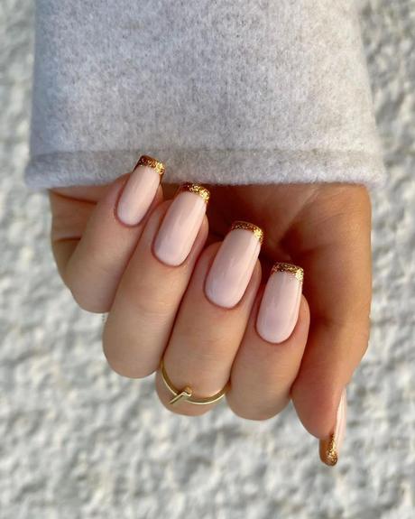 simple wedding nails long nude with gold french tip charsgelnails_