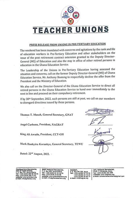 Teacher unions urge GES Deputy DG to decline contract extension