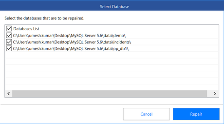 Click Repair after selecting the database