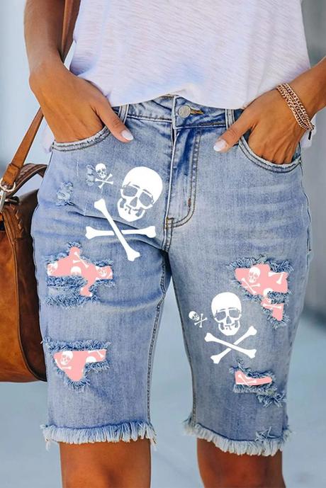 Skull Clothing Brand: PINK SKULL RIPPED BERMUDA DENIM SHORTS