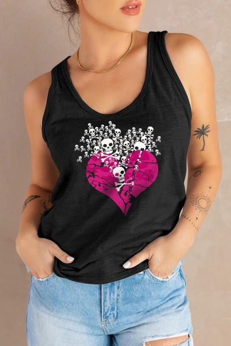 Skull Clothing Brand: BLACK SKULL LOVE-SHAPE PRINT SCOOP NECK TANK