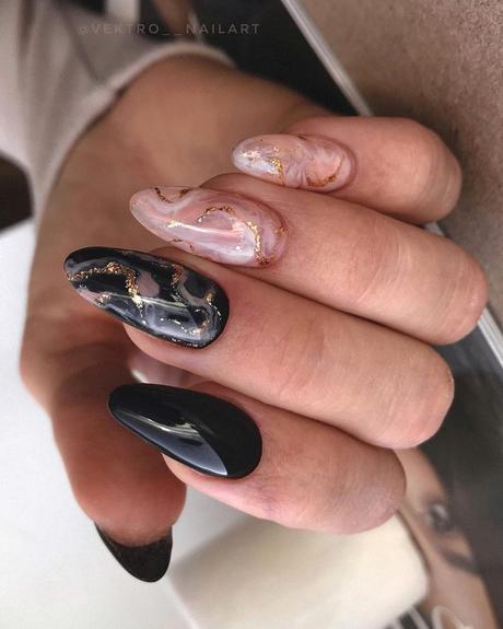 black wedding nails marble with white and gold vektro__nailart