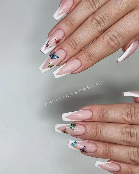 french wedding nails long with colorful butterfly paint malinasnaglar