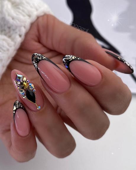 french wedding nails elegant long black tips with rhinestones milana.gen11