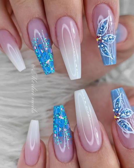 ombre wedding nails blue glitter and flowers merlin_nails