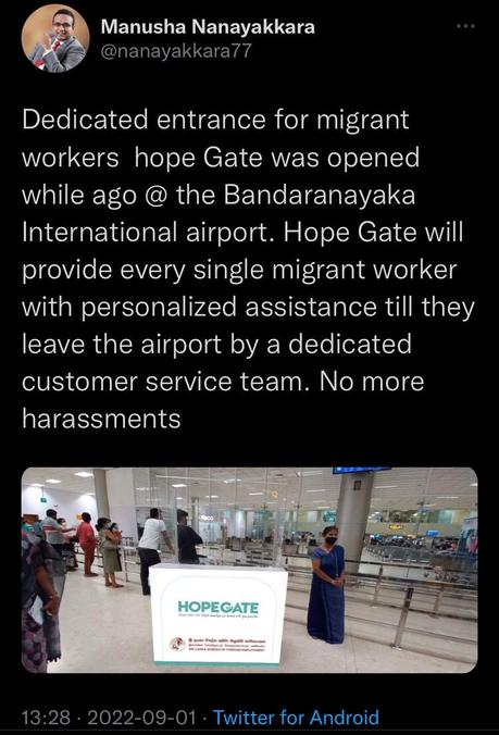 “Hope Gate” for SL migrant workers