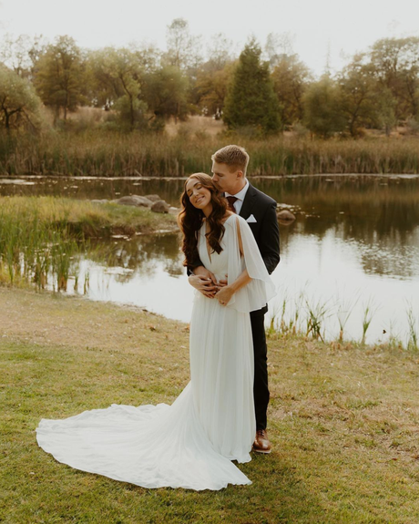 fall wedding dress bride and groom