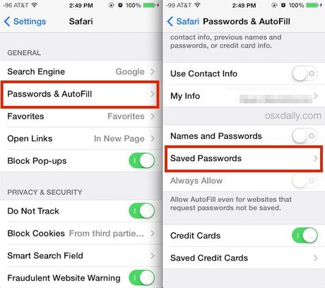 find saved passwords ios