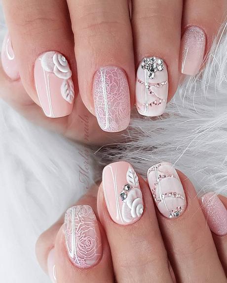 wedding nails with glitter light pink with flowers merlin_nails