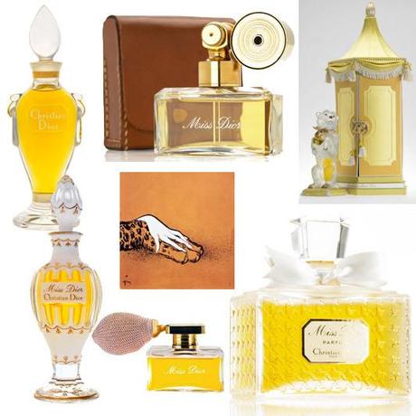 lockwise from L-R: The first Miss Dior fragrance, 1947; Miss Dior, 1948; Limited edition J'appartiens à Miss Dior (I belong to Miss Dior) fragrance, 1952; Miss Dior, 1949; Miss Dior, 1948; illustration by René Gruau, the first advertisement produced for the Miss Dior perfume in 1949; Miss Dior amphora in Baccarat crystal, 1951. Photo: Philippe Schlienger, Christian Dior Parfums, SARL René Gruau