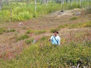 Oregon State University researcher Robert Beschta demonstrates the height of serviceberry patches. Photo credit: William Ripple 