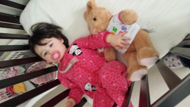 Isla with her Build-a-Bear bunny, which we named Isobella (Bella for short)!