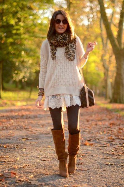 Another casual look, made contemporary with the scarf, boots, tights, and layering of tunic with sweater. Lovely, casual, and sweet.