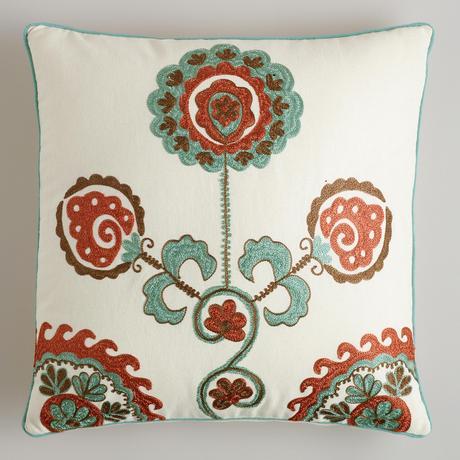 Aqua Embroidered Flower Throw Pillow