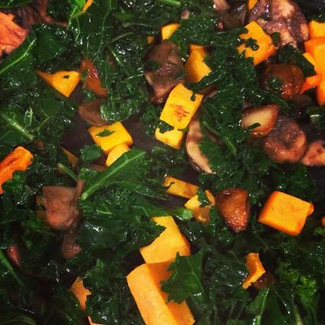 Roasted Butternut Squash with Wilted Kale, Mushrooms and Garlic for #SundaySupper