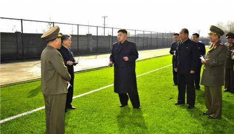 Kim Jong Un visits the construction of the Mangyongbong Sports Team's football squad's practice field (Photo: Rodong Sinmun).