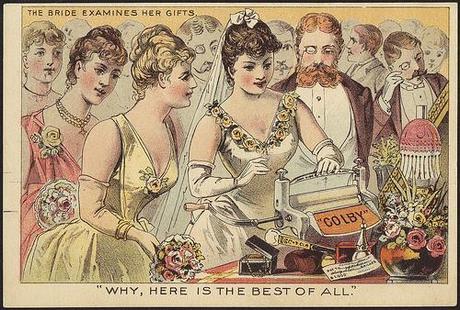 In this vintage advertisement, a bride compliments the gift of a washing machine. Courtesy of the Boston Public Library.