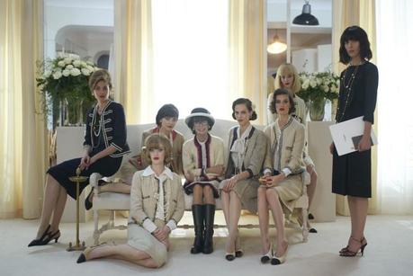 Actress Geraldine Chaplin surrounded by models in Fifties-era Chanel. Photo by Olivier Saillant