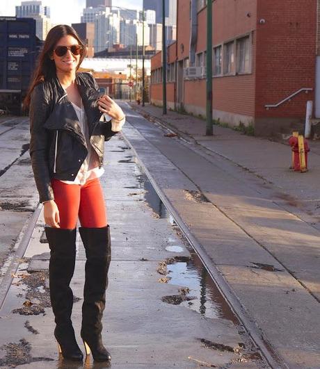 thigh high boots; faux leather jacket