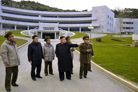 Kim Jong Un tours the construction of the Kim Jong Il Military Graduate School in Pyongyang.  Also seen in attendance is VMar Kim Jong Gak (L), a university chancellor who served as Minister of the People's Armed Forces from April 2012 to November 2012 and senior deputy director of the KPA General Political Department from 2007 to 2012 (Photo: Rodong Sinmun).