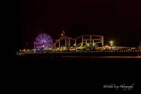 Santa Monica, pier, amusement park, lights, ferris wheel, roller coaster, night photography, long exposure, travel photography, beach