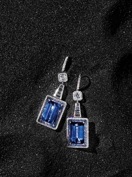 Martin Katz  Tanzanite earrings with multicolor sapphires and diamonds set in 18k white gold. USA. $98,000.