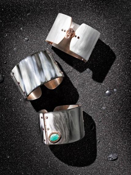 Federica Rettore  Mélange zebu horn cuff with 18k rose gold hinges and rivets, sterling silver interior and handmade butterfly clasp. $5,950. With portrait-cut emerald, brown diamond and 18k rose gold detail $9,100. Italy.
