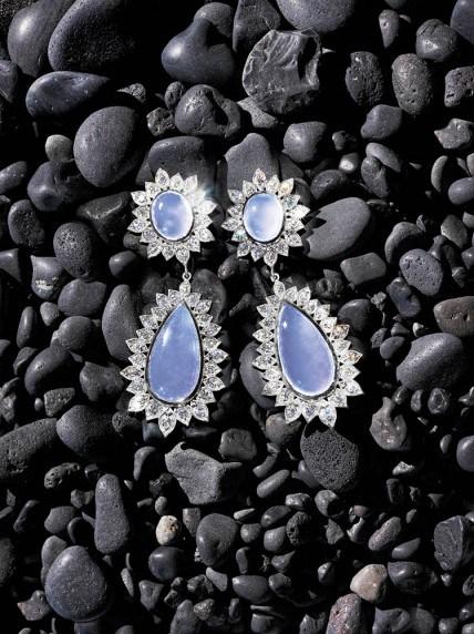 Jamie Wolf  Blue chalcedony double-drop earrings with 18k white gold and diamond “Aladdin” edging. USA. $12,990. 