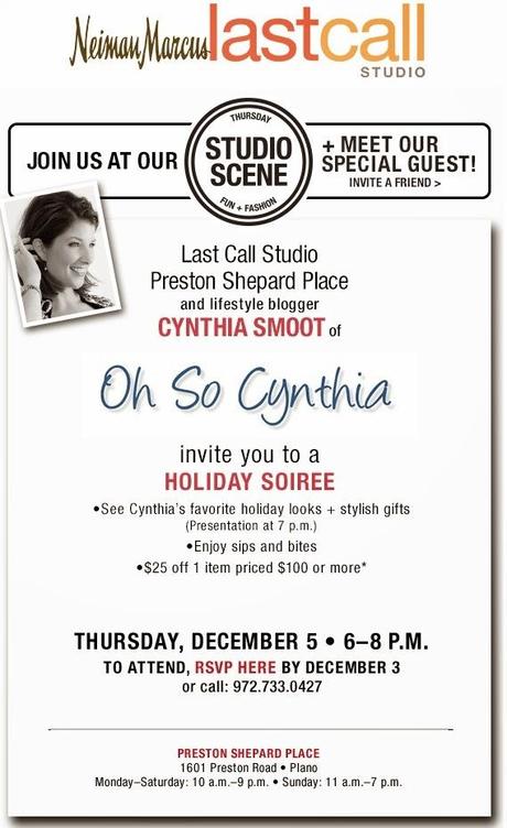Join Cynthia Smoot for a Holiday Soiree at Neiman Marcus last Call Studio on December 5