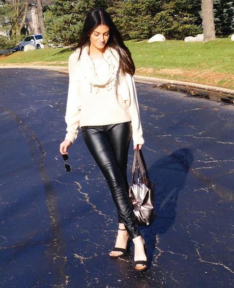 Pants: Blank NYC vegan leather skinny pants Shoes: Seychelles thyme wedge sandal Sweater: BCBG last season (other cowl neck sweater options below) Bag: Stella and Dot exclusive holiday bag 