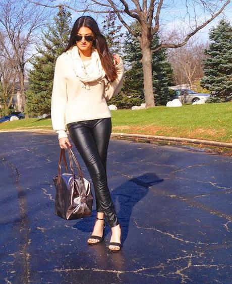 Pants: Blank NYC vegan leather skinny pants Shoes: Seychelles thyme wedge sandal Sweater: BCBG last season (other cowl neck sweater options below) Bag: Stella and Dot exclusive holiday bag 