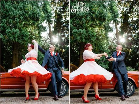 Bride and groom dancing in front of vintage mustang red heart details photographyt