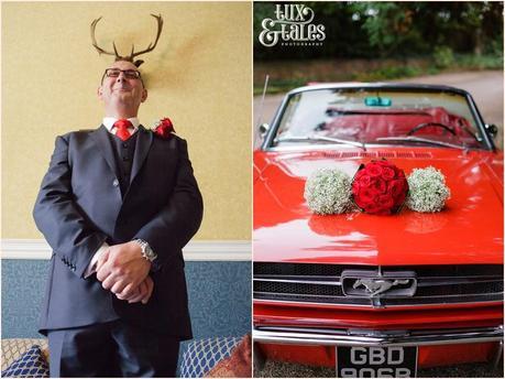 Groom with stag horns over head and bouquets resting atop a classic red Mustang