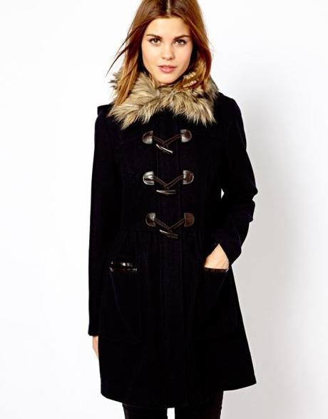 An image of a woman in a fur trimmed montgomery duffle coat.  Mom style and fashion tips from reasons to dress