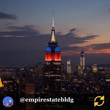 RG @empirestatebldg: Tonight and tomorrow night, we shine our lights in the colors of the #Philippines flag — red, blue, yellow and white — to raise awareness and support for the country as they recover from Typhoon #Haiyan. #EmpireStateBuilding #NYC #lights #lighting #regramapp