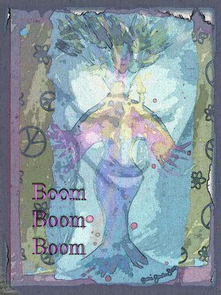 Multi-layered with meaning mixed media piece titled, for now, Boom Boom Boom Take 3