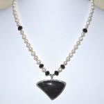 Bezel set stone, Pearl, obsidian, sterling silver pendant necklace by QuirkyGirlz.com