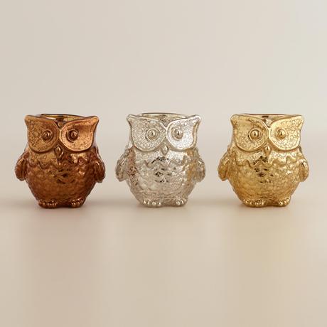 Mercury Glass Owl Tealight Candle Holders, Set of 3
