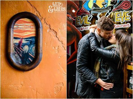 Evil Eye Engagement Shoot in York with couple in leather coats