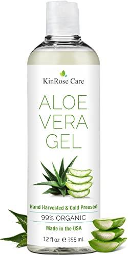 NEW 12oz Organic Aloe Vera Gel for Face, Skin, Hair & Sunburn Relief - by KinRose Care - From 100 Percent Pure Aloe Vera - Cold Pressed, Vegan, Unscented - Made in USA