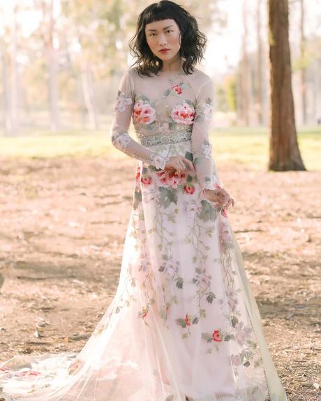embroidered wedding dresses a line with sleeves floral petibone