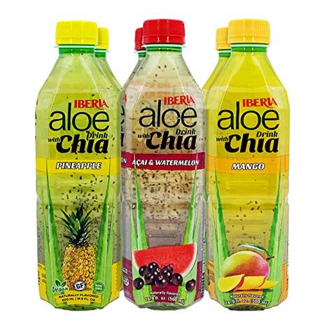 Iberia Aloe Vera Drink with Aloe Pulp and Chia Seeds 16.9 Ounce (Pack of 6) 2 X Watermelon & Acai, 2 x Mango, 2 x Pineapple