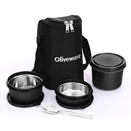 Oliveware Boss Pro Lunch Box | Stainless Steel Range + Black | Microwave Safe & Leak Proof | 3...