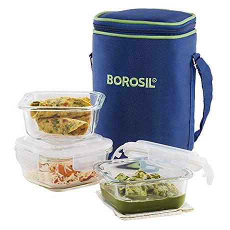 Borosil - Glass Lunch Box Set Of 3, Clear, 320 Ml, Microwave Safe Office Tiffin (12 X 12 X 6.5 Cm)