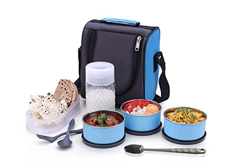 Global Mall® Stainless Steel Lunch Box 3 Container and 1 Casserole Set with Plastic Bottle 2 Spoon...