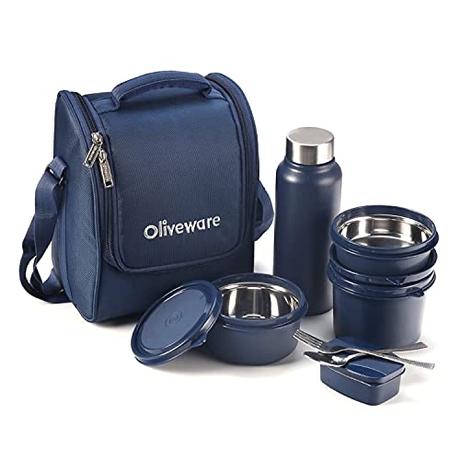 oliveware Alloy Steel Teso Pro Lunch Box with Bottle | 3 Stainless Steel Containers | Plastic Pickle...