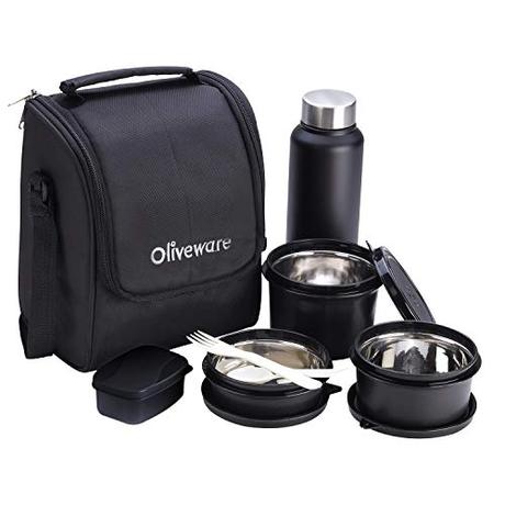 Oliveware Teso Lunch Box with Bottle - Black | 3 Stainless Steel Containers and Pickle Box and...