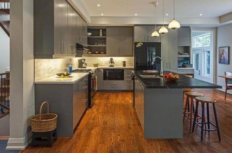 gray kitchens with black appliances